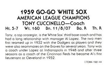 1981 TCMA 1959 Chicago White Sox #44 Tony Cuccinello Back