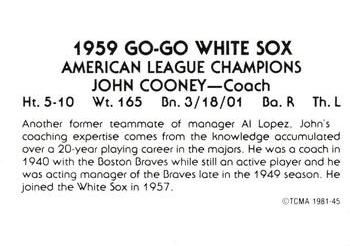 1981 TCMA 1959 Chicago White Sox #45 John Cooney Back