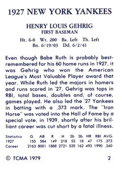 1979 TCMA 1927 New York Yankees #2 Lou Gehrig Back