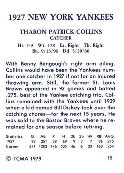 1979 TCMA 1927 New York Yankees #15 Pat Collins Back