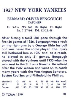 1979 TCMA 1927 New York Yankees #18 Benny Bengough Back