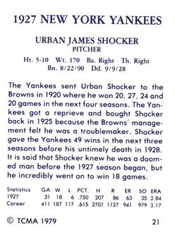1979 TCMA 1927 New York Yankees #21 Urban Shocker Back