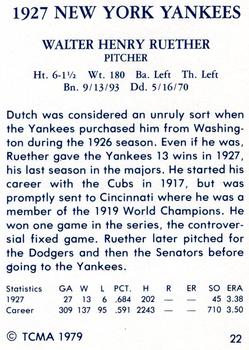 1979 TCMA 1927 New York Yankees #22 Dutch Ruether Back