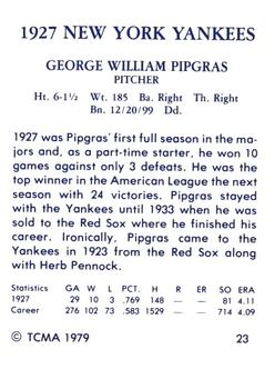 1979 TCMA 1927 New York Yankees #23 George Pipgras Back