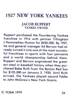 1979 TCMA 1927 New York Yankees #24 Jacob Ruppert Back
