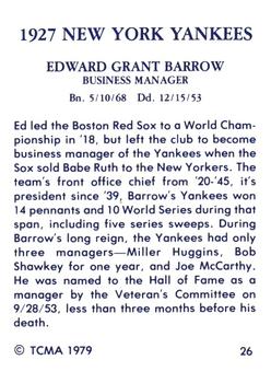 1979 TCMA 1927 New York Yankees #26 Ed Barrow Back