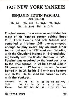 1979 TCMA 1927 New York Yankees #27 Ben Paschal Back