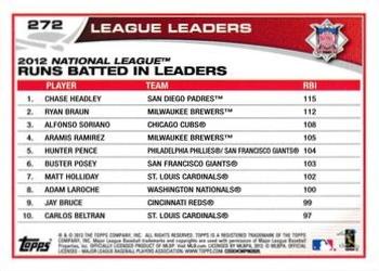 2013 Topps - Purple #272 2012 NL Runs Batted In Leaders (Chase Headley / Ryan Braun / Alfonso Soriano) Back