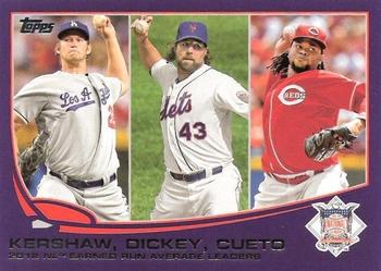 2013 Topps - Purple #81 2012 NL Earned Run Average Leaders (Clayton Kershaw / R.A. Dickey / Johnny Cueto) Front