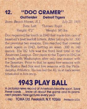 1983 TCMA 1943 Play Ball #12 Doc Cramer Back