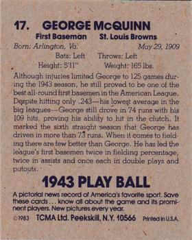 1983 TCMA 1943 Play Ball #17 George McQuinn Back