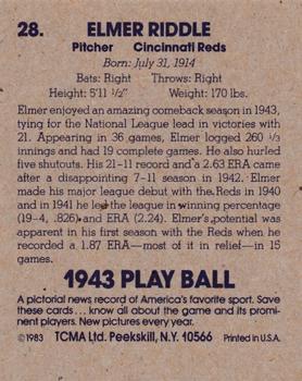 1983 TCMA 1943 Play Ball #28 Elmer Riddle Back