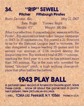 1983 TCMA 1943 Play Ball #34 Rip Sewell Back