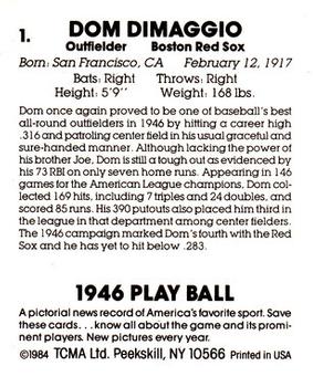 1984 TCMA 1946 Play Ball #1 Dom DiMaggio Back