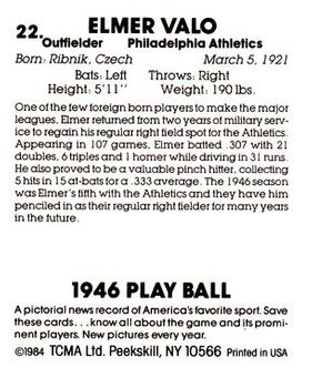 1984 TCMA 1946 Play Ball #22 Elmer Valo Back