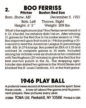 1984 TCMA 1946 Play Ball #2 Boo Ferriss Back