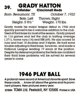 1984 TCMA 1946 Play Ball #39 Grady Hatton Back