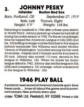 1984 TCMA 1946 Play Ball #3 Johnny Pesky Back