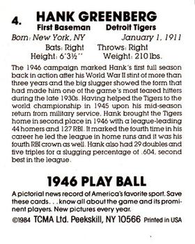 1984 TCMA 1946 Play Ball #4 Hank Greenberg Back