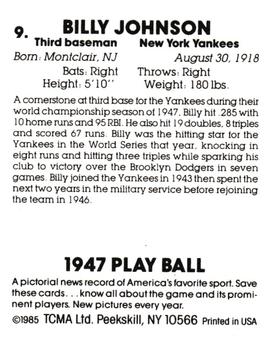 1985 TCMA 1947 Play Ball #9 Billy Johnson Back