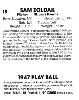 1985 TCMA 1947 Play Ball #19 Sam Zoldak Back