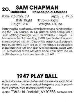 1985 TCMA 1947 Play Ball #20 Sam Chapman Back