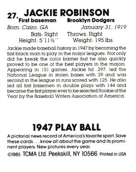 1985 TCMA 1947 Play Ball #27 Jackie Robinson Back