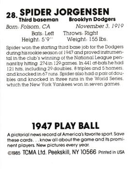 1985 TCMA 1947 Play Ball #28 Spider Jorgensen Back