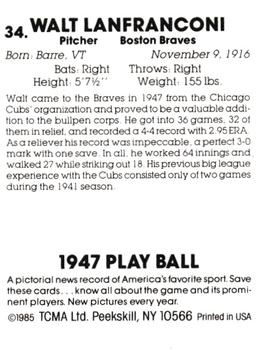1985 TCMA 1947 Play Ball #34 Walt Lanfranconi Back