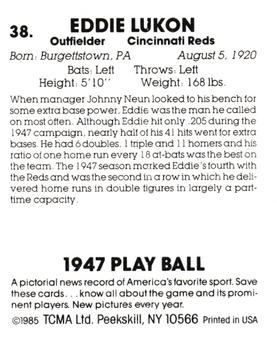 1985 TCMA 1947 Play Ball #38 Eddie Lukon Back