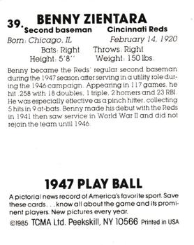 1985 TCMA 1947 Play Ball #39 Benny Zientara Back