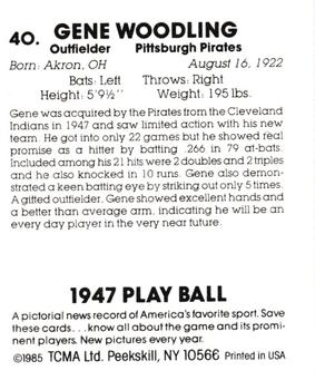 1985 TCMA 1947 Play Ball #40 Gene Woodling Back