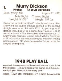 1985 TCMA 1948 Play Ball #1 Murry Dickson Back