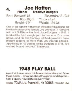 1985 TCMA 1948 Play Ball #4 Joe Hatten Back