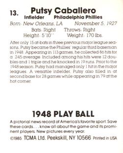 1985 TCMA 1948 Play Ball #13 Putsy Caballero Back