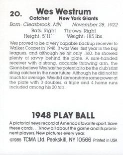 1985 TCMA 1948 Play Ball #20 Wes Westrum Back