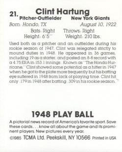 1985 TCMA 1948 Play Ball #21 Clint Hartung Back