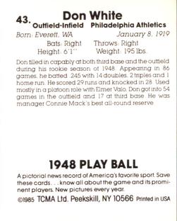 1985 TCMA 1948 Play Ball #43 Don White Back