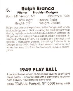 1985 TCMA 1949 Play Ball #5 Ralph Branca Back