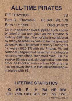 1983 TCMA All-Time Pittsburgh Pirates Red Frame #3 Pie Traynor Back
