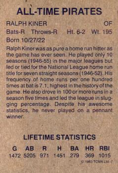1983 TCMA All-Time Pittsburgh Pirates Red Frame #7 Ralph Kiner Back