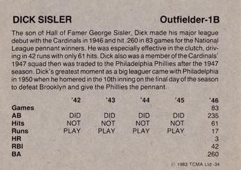 1983 TCMA 1942-46 St. Louis Cardinals #34 Dick Sisler Back
