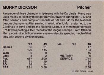1983 TCMA 1942-46 St. Louis Cardinals #47 Murry Dickson Back