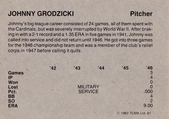 1983 TCMA 1942-46 St. Louis Cardinals #61 Johnny Grodzicki Back