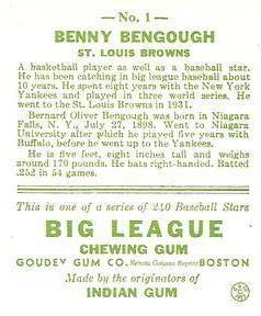 1983 Galasso 1933 Goudey Reprint #1 Benny Bengough Back