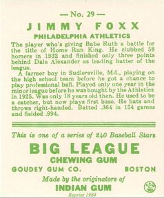 1983 Galasso 1933 Goudey Reprint #29 Jimmie Foxx Back