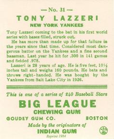 1983 Galasso 1933 Goudey Reprint #31 Tony Lazzeri Back