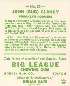 1983 Galasso 1933 Goudey Reprint #32 Bud Clancy Back