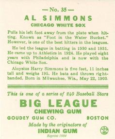 1983 Galasso 1933 Goudey Reprint #35 Al Simmons Back
