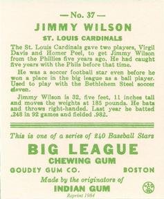 1983 Galasso 1933 Goudey Reprint #37 Jimmie Wilson Back